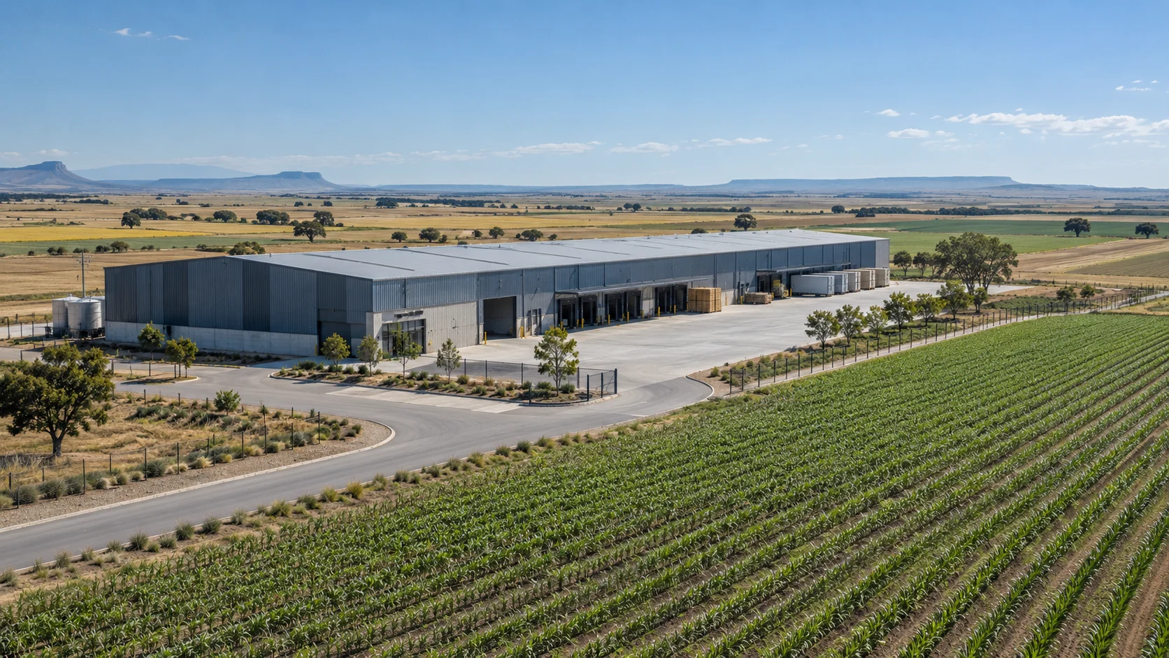 Illustrative industrial facility and agricultural landscape